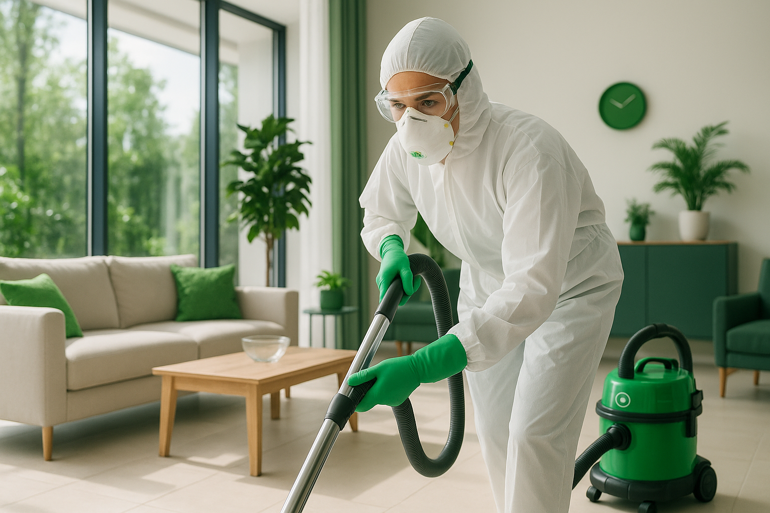 Cleaning professional in a renovated room